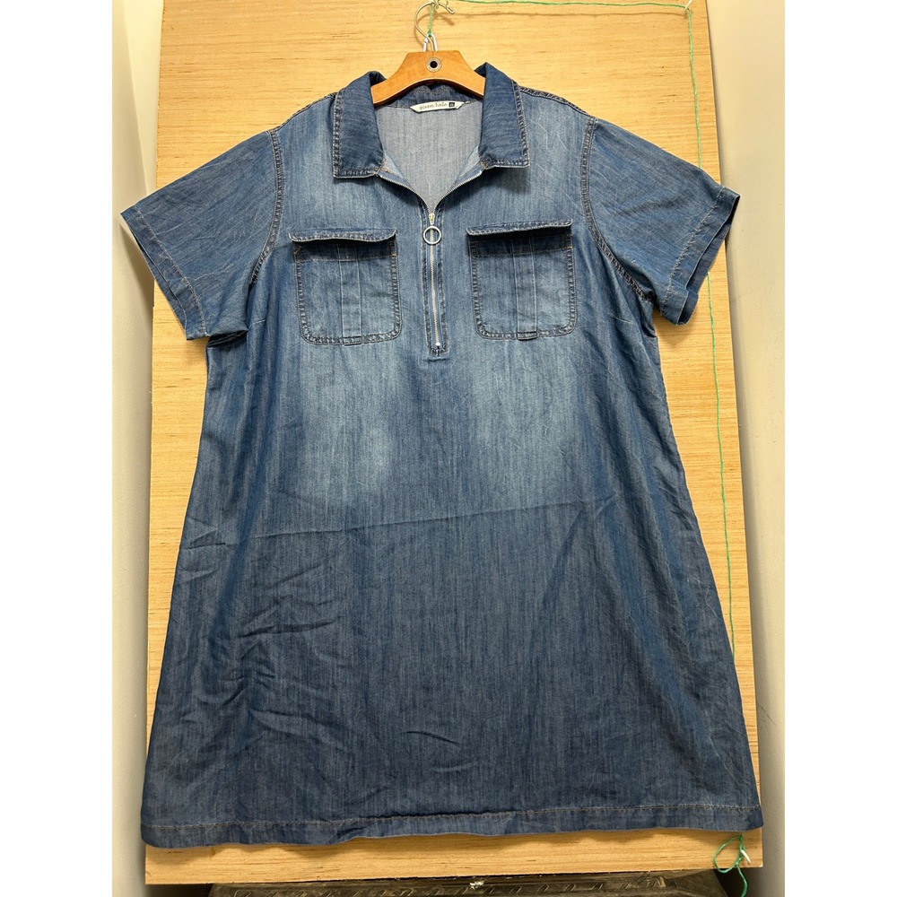 Given Kale Womens 3X Blue Denim Chambray Half Zip Short Sleeve Shirt Dress
